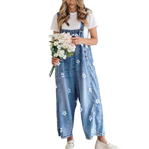 Azuria Floral Print Denim Overalls