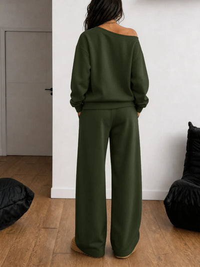 Azuria Two-Piece Set, Fall Winter Casual Clothes, Asymmetrical Sweatshirt & Wide Leg Pants, Soft Knit Fabric, Multi-Color Options