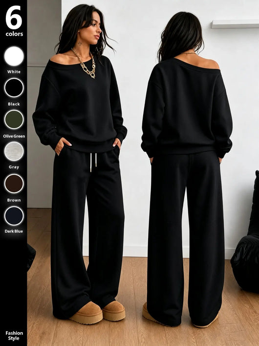 Azuria Two-Piece Set, Fall Winter Casual Clothes, Asymmetrical Sweatshirt & Wide Leg Pants, Soft Knit Fabric, Multi-Color Options