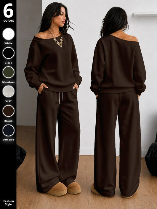 Azuria Two-Piece Set, Fall Winter Casual Clothes, Asymmetrical Sweatshirt & Wide Leg Pants, Soft Knit Fabric, Multi-Color Options