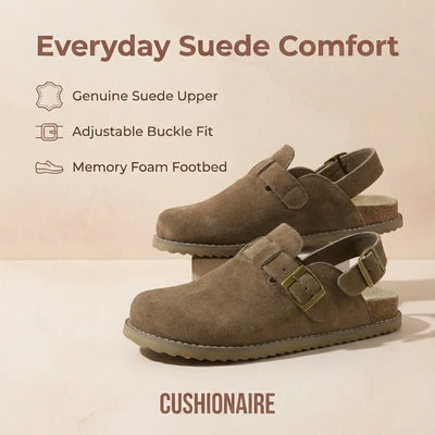 Cushionaire Women's Brooklyn Suede Slingback Clogs | Genuine Leather Casual Shoes for Women with Memory Foam Cushioned Insoles, Adjustable Back Strap