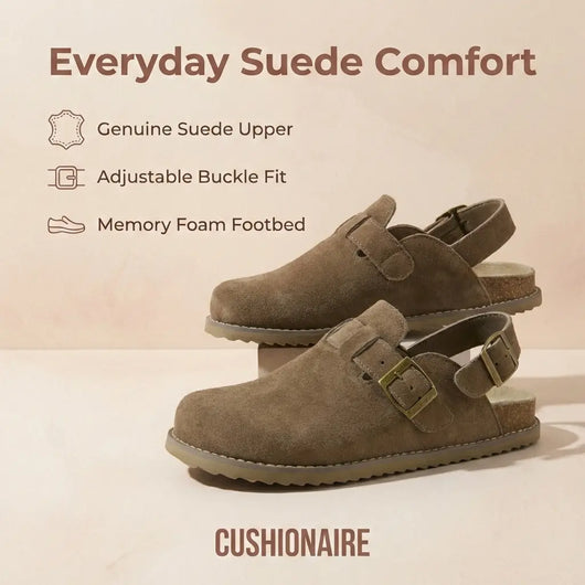 Cushionaire Women's Brooklyn Suede Slingback Clogs | Genuine Leather Casual Shoes for Women with Memory Foam Cushioned Insoles, Adjustable Back Strap