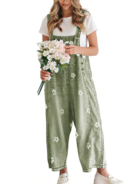 Azuria Floral Print Denim Overalls