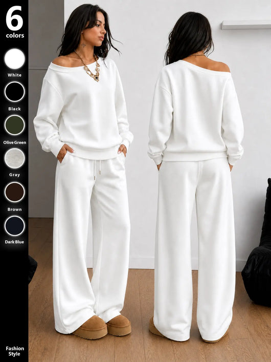 Azuria Two-Piece Set, Fall Winter Casual Clothes, Asymmetrical Sweatshirt & Wide Leg Pants, Soft Knit Fabric, Multi-Color Options