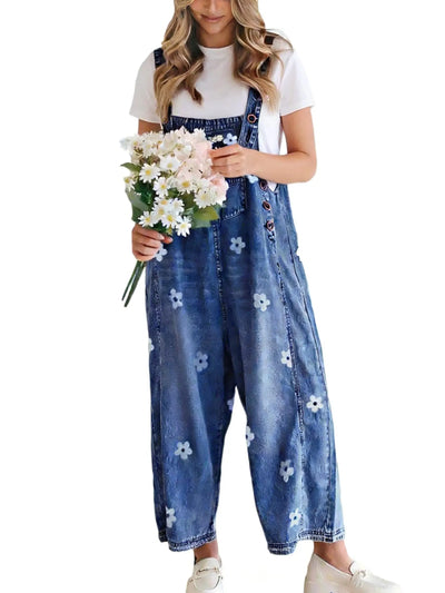 Azuria Floral Print Denim Overalls