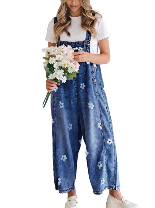 Azuria Floral Print Denim Overalls