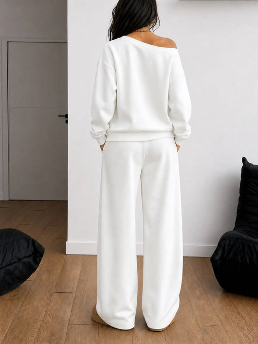 Azuria Two-Piece Set, Fall Winter Casual Clothes, Asymmetrical Sweatshirt & Wide Leg Pants, Soft Knit Fabric, Multi-Color Options