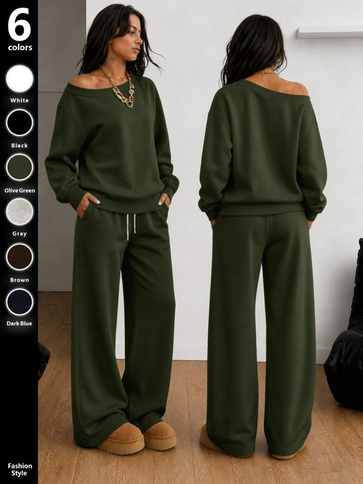 Azuria Two-Piece Set, Fall Winter Casual Clothes, Asymmetrical Sweatshirt & Wide Leg Pants, Soft Knit Fabric, Multi-Color Options