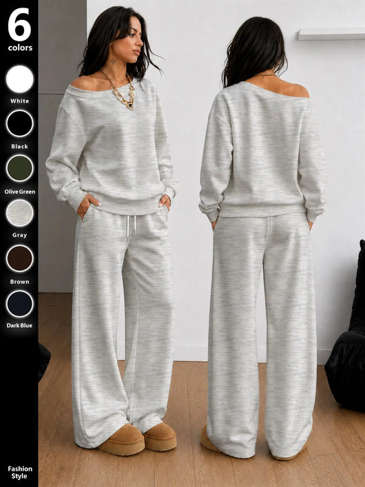 Azuria Two-Piece Set, Fall Winter Casual Clothes, Asymmetrical Sweatshirt & Wide Leg Pants, Soft Knit Fabric, Multi-Color Options