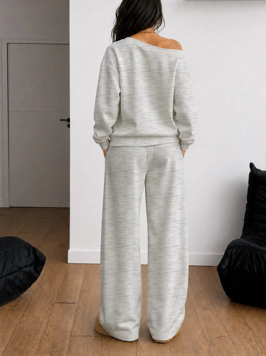 Azuria Two-Piece Set, Fall Winter Casual Clothes, Asymmetrical Sweatshirt & Wide Leg Pants, Soft Knit Fabric, Multi-Color Options