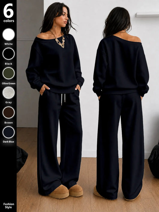 Azuria Two-Piece Set, Fall Winter Casual Clothes, Asymmetrical Sweatshirt & Wide Leg Pants, Soft Knit Fabric, Multi-Color Options