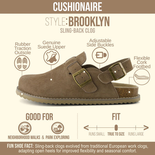 Cushionaire Women's Brooklyn Suede Slingback Clogs | Genuine Leather Casual Shoes for Women with Memory Foam Cushioned Insoles, Adjustable Back Strap