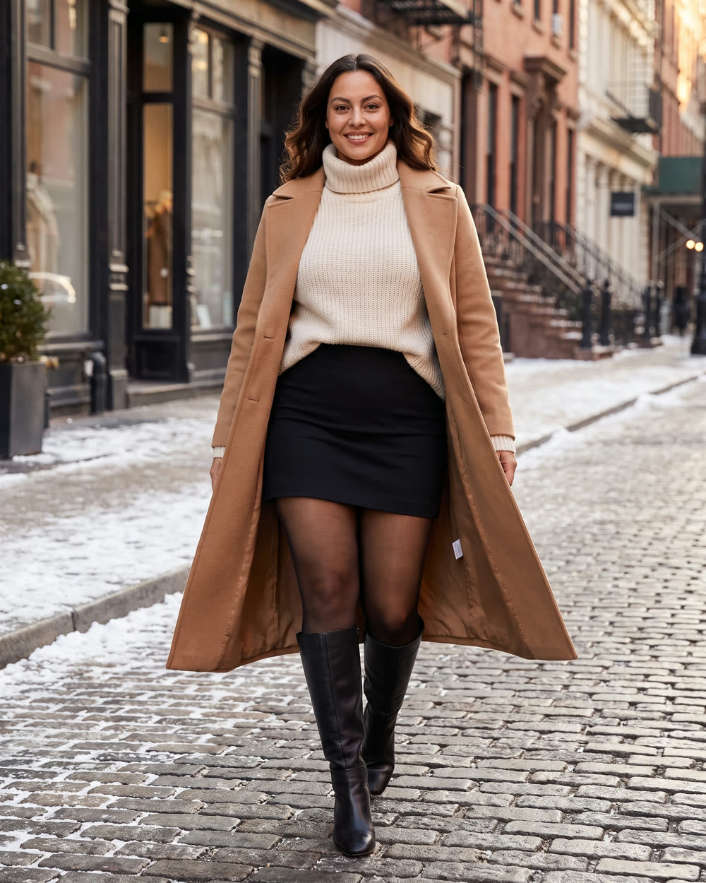 A winter outfit styled with a skirt, boots and sheer-look tights