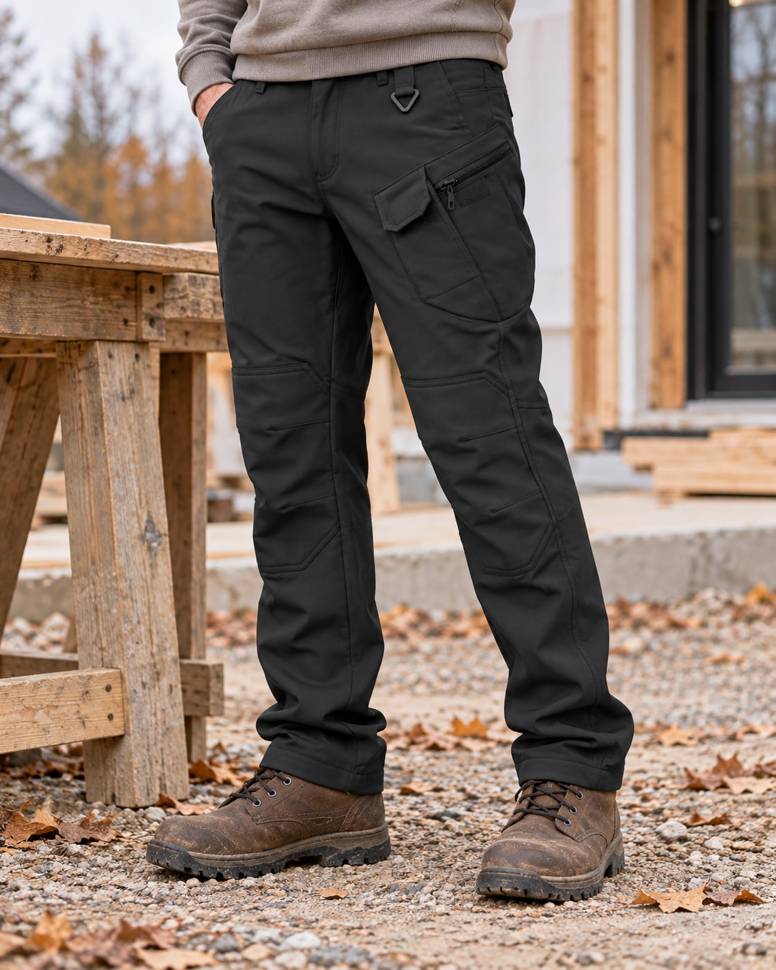Man wearing black fleece-lined cargo pants beside a workbench