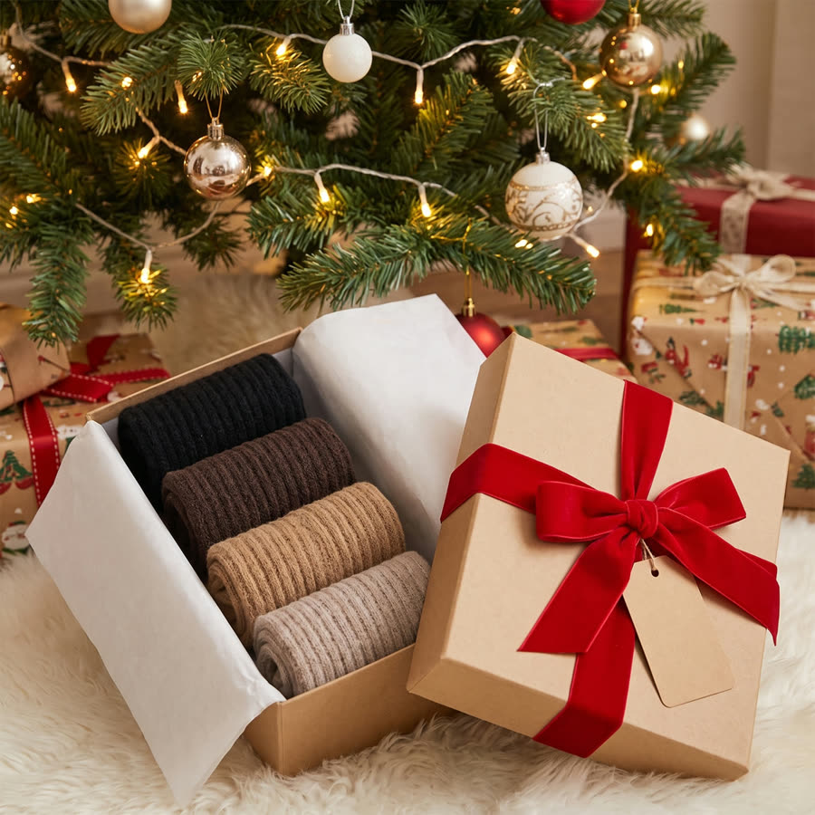 Fireside Socks in a gift box under a Christmas tree