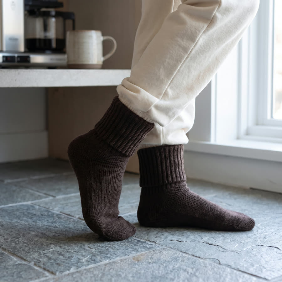 Espresso Fireside Socks on a cold kitchen floor
