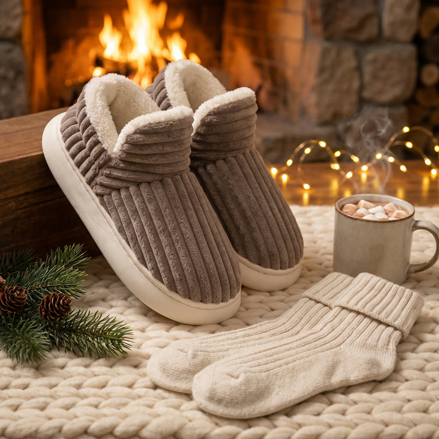 Fireside Slippers by the fireplace with socks and cocoa