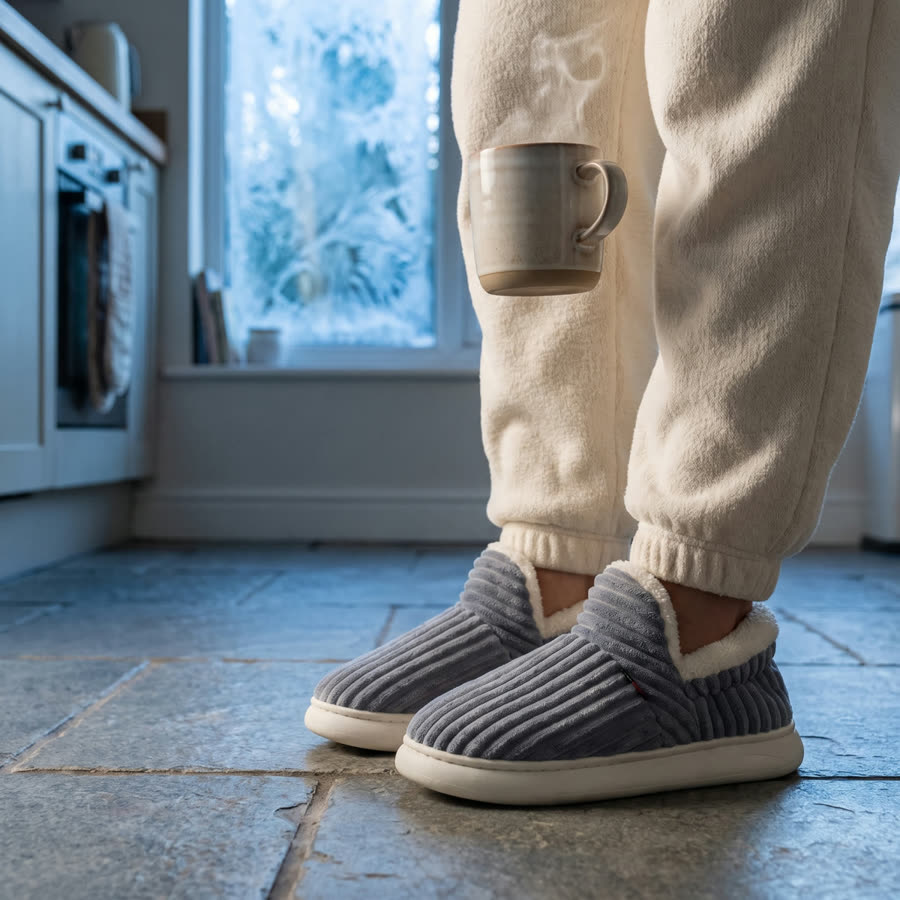 Grey Fireside Slippers on a cold kitchen floor