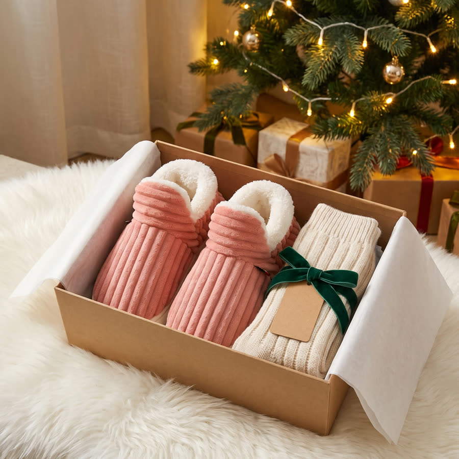 Fireside Slippers and socks in a gift box under the tree